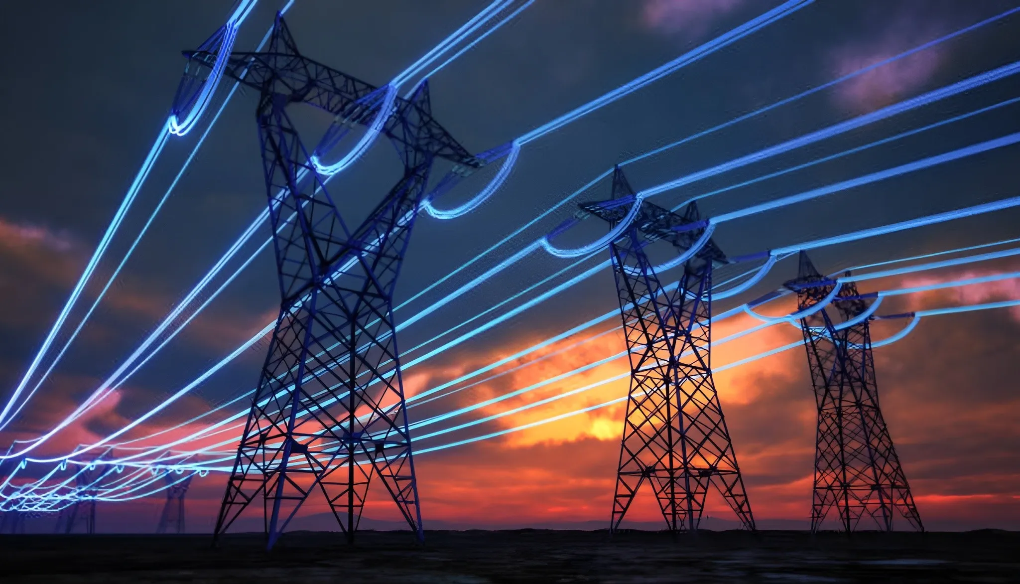 Lignes électriques à haute tension au coucher du soleil avec effet de lumière représentant le transfert de données.