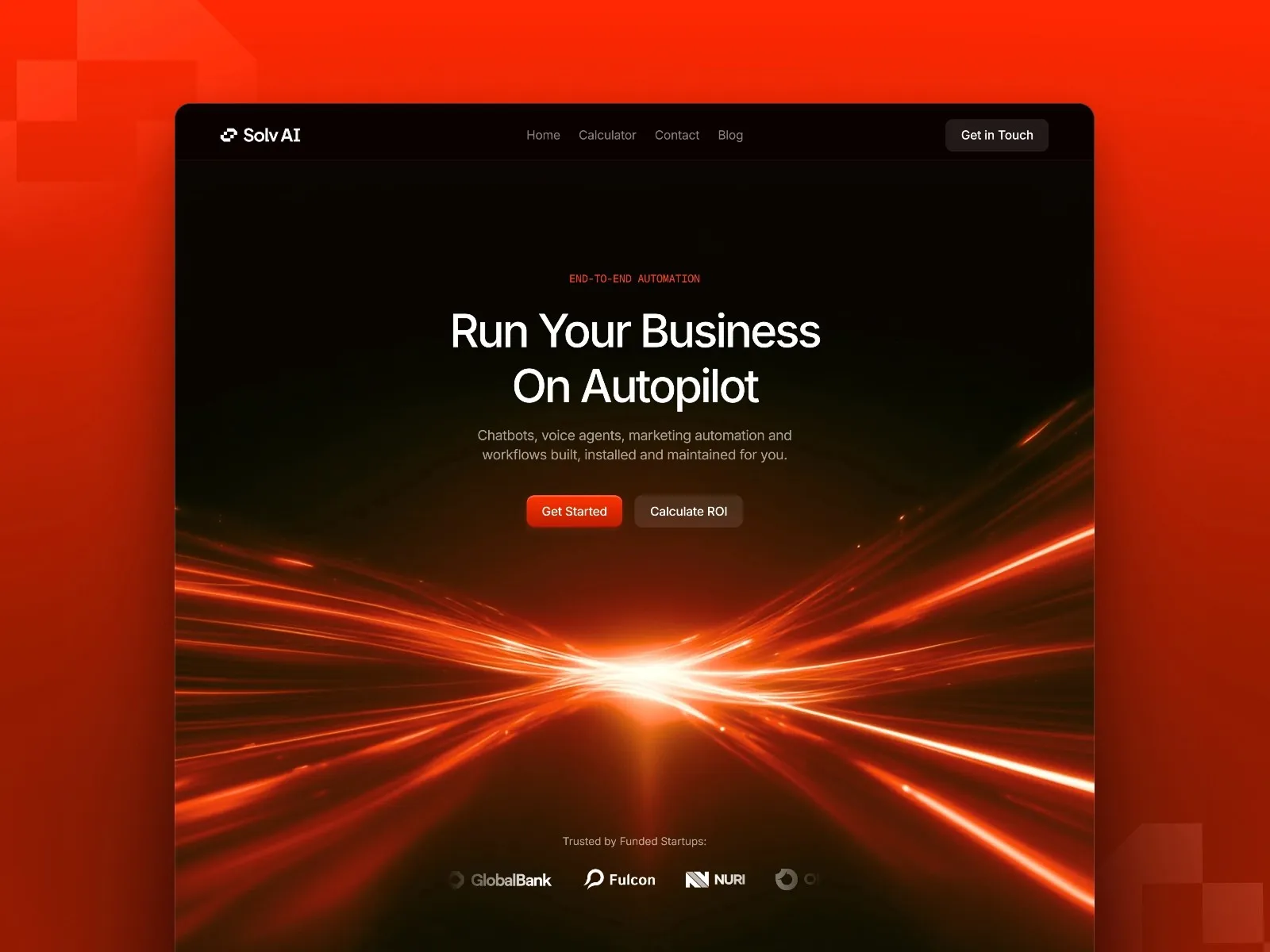 Solv AI website: "Run Your Business on Autopilot" with vibrant light streaks.