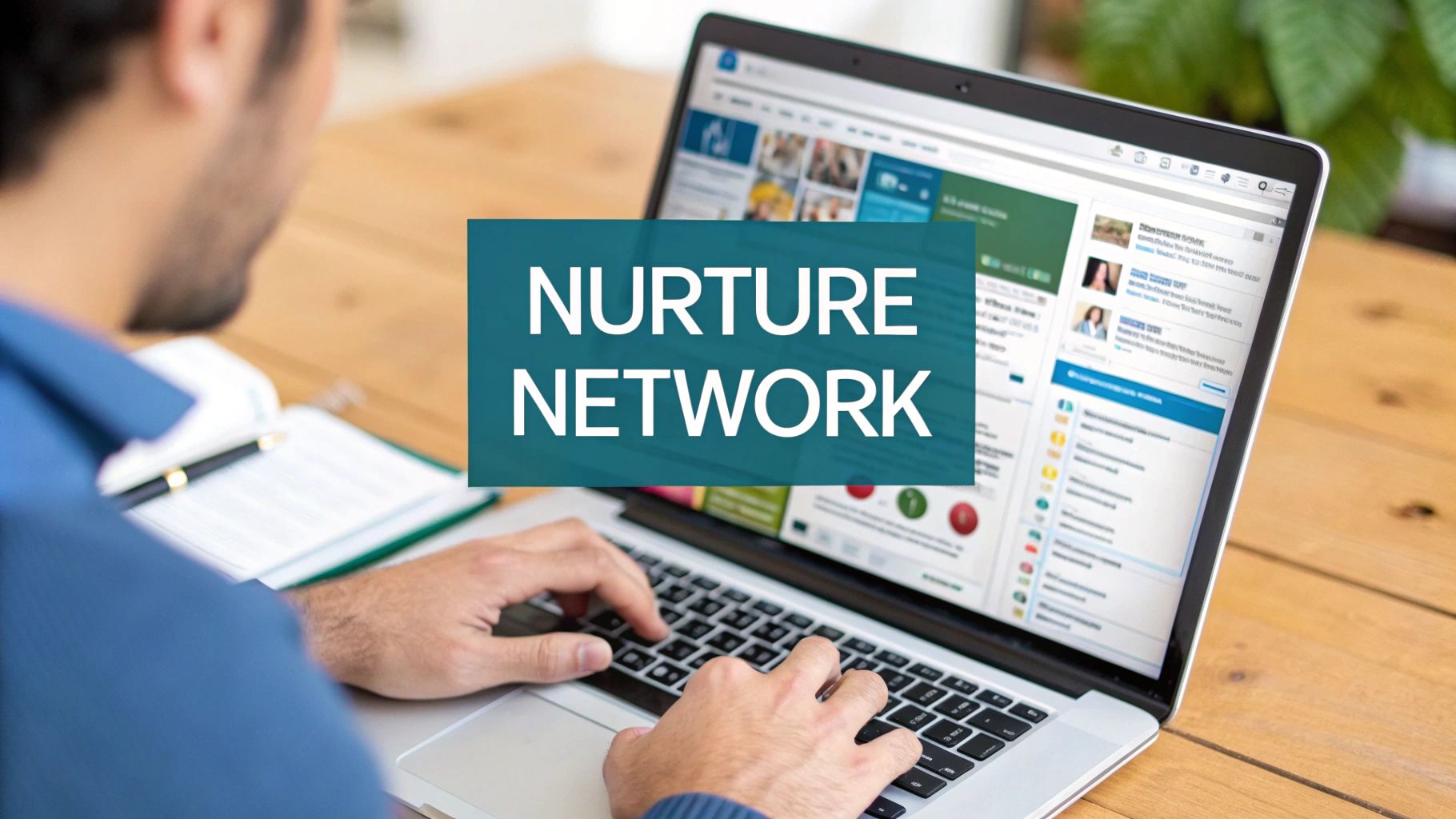 A professional watering a plant that has grown into a network of connected icons, symbolizing nurturing connections.