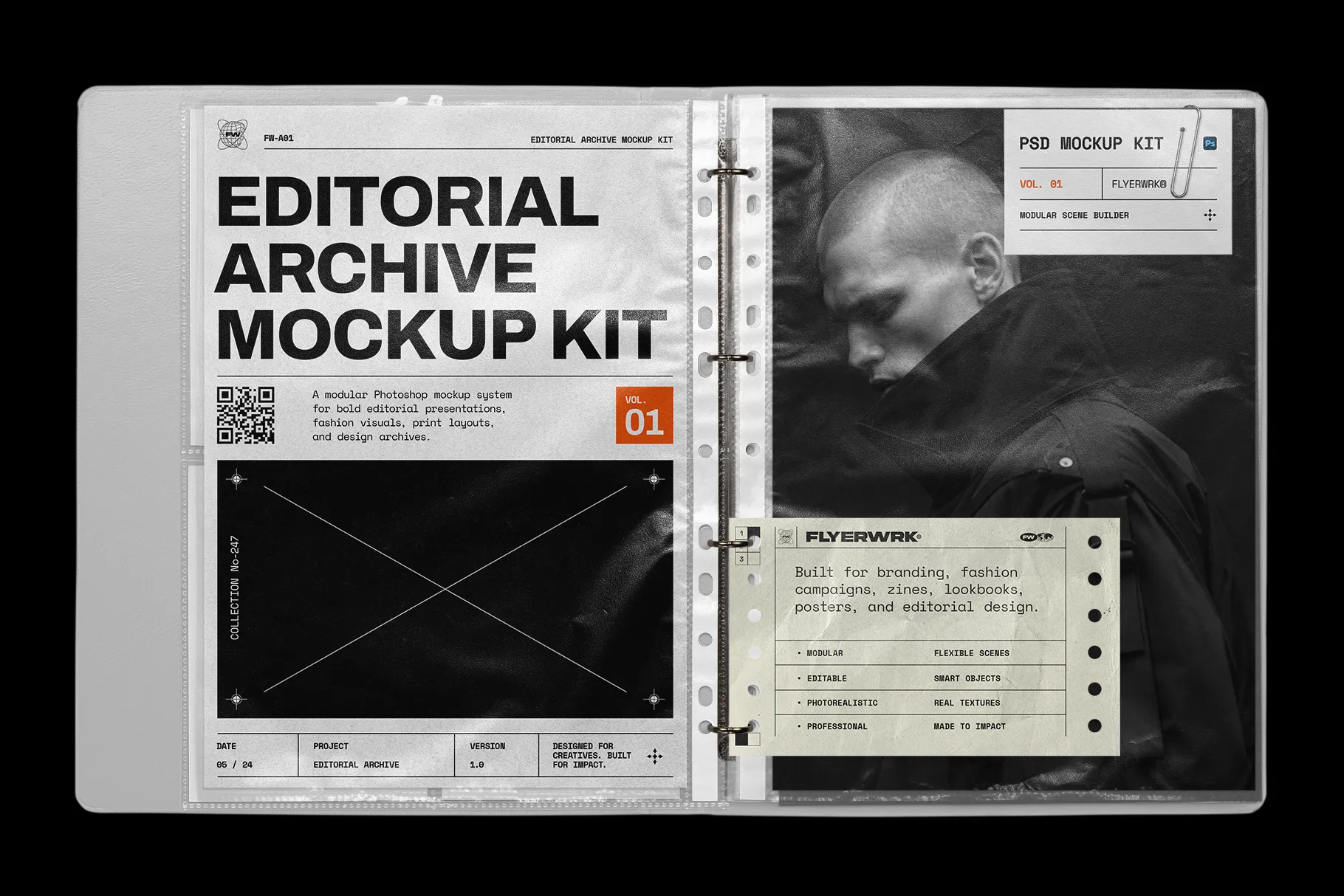 Editorial Archive Mockup Kit cover with binder layout and bold typography