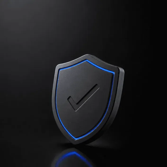 Modernes schwarzes Sicherheits-Schild mit blau leuchtender Kontur und Haken-Symbol für zertifizierten Objektschutz