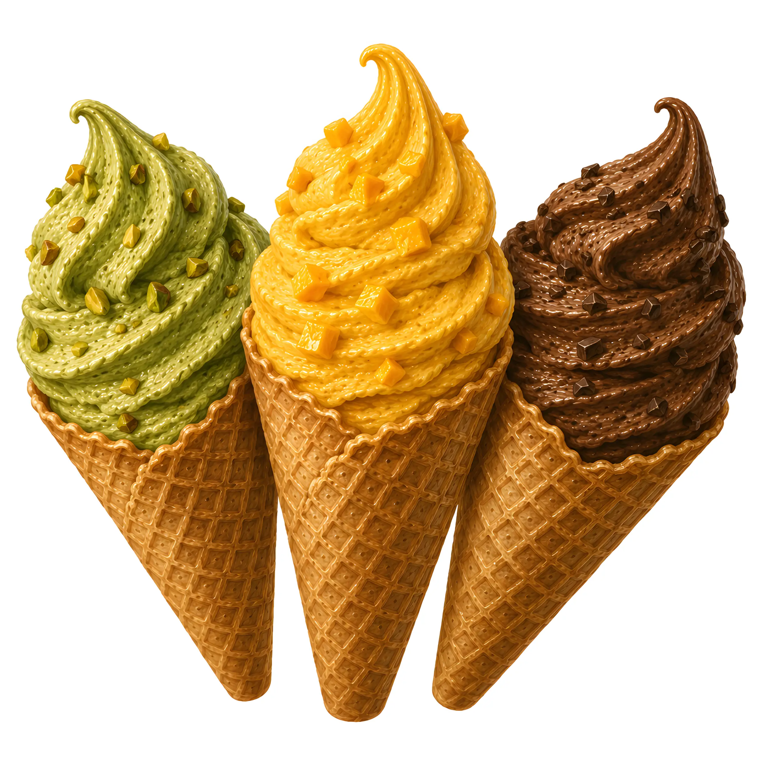Drei Eiswaffeln mit verschiedenen Eissorten