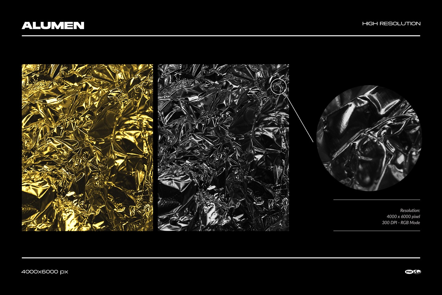 Alumen metal foil textures macro detail comparison showing high resolution gold and chrome metallic surfaces