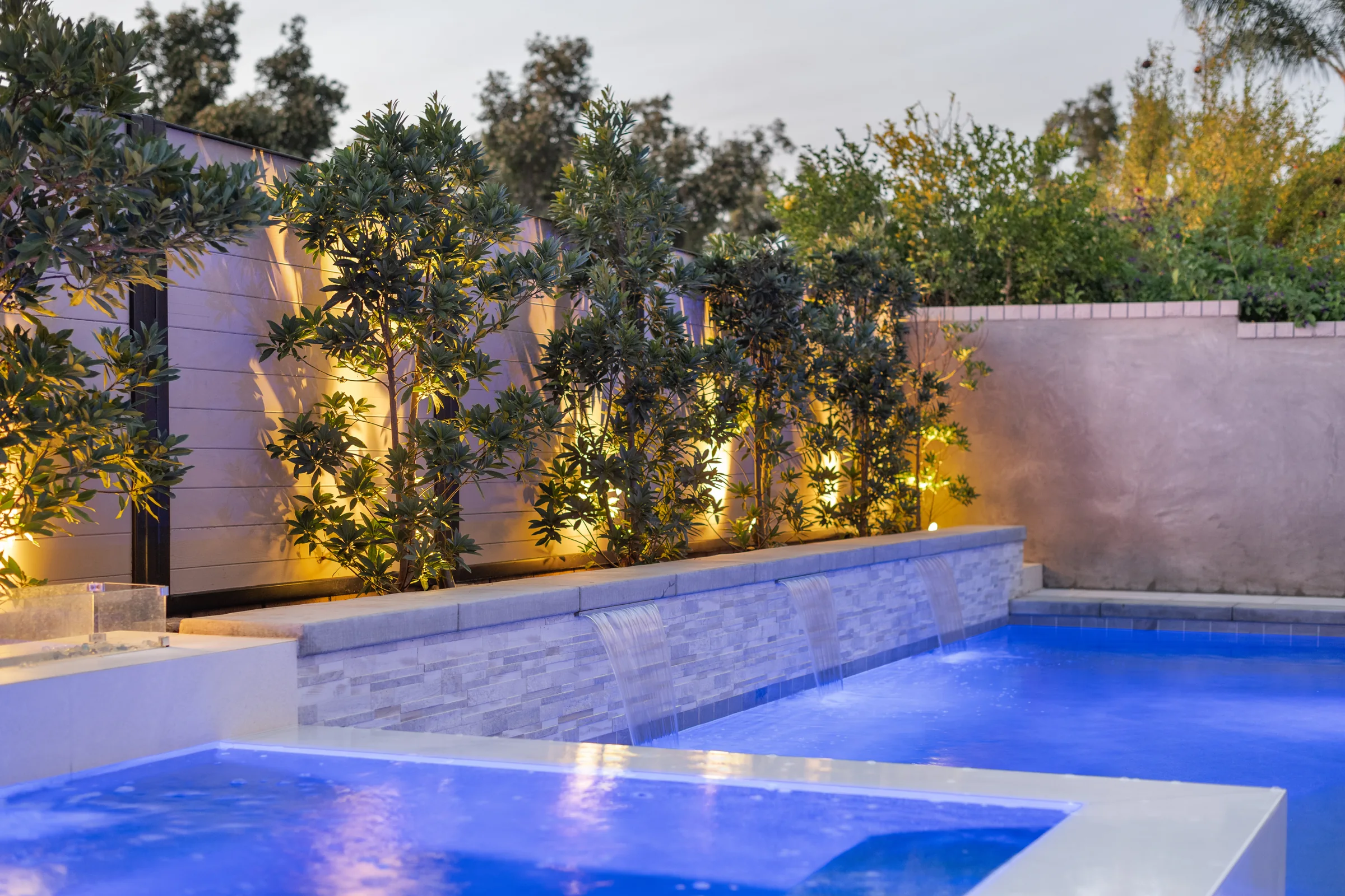 Waterfalls and planted borders Waterfalls flow from a textured pool wall below a row of illuminated trees, with a raised spa in front.