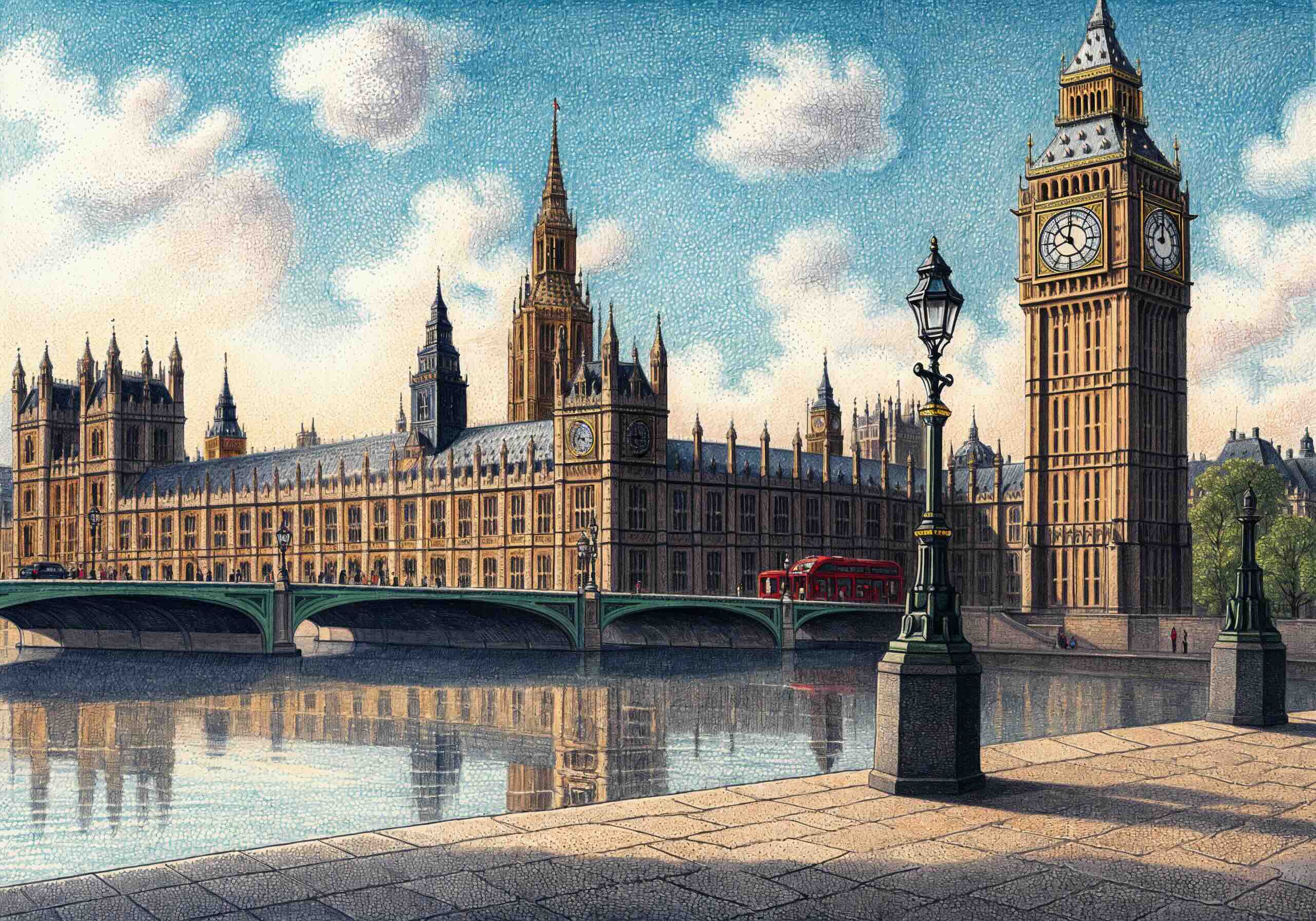 A detailed illustration of London, UK, featuring the Houses of Parliament, Big Ben, Westminster Bridge, and a red double-decker bus crossing the River Thames.