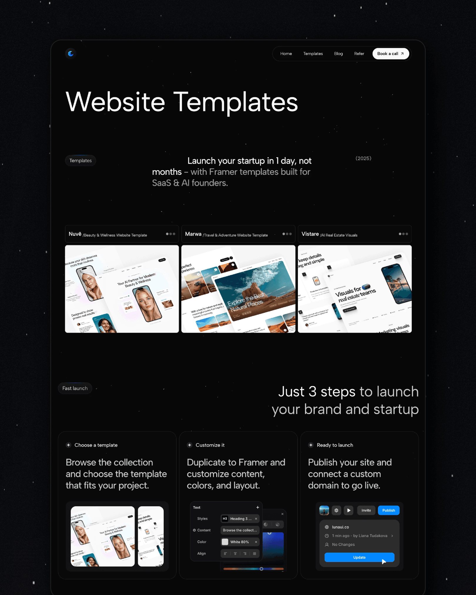 A showcase grid displaying Luna UI's premium Framer website templates for SaaS, AI, and ESG startups, emphasizing ready-to-launch design systems over traditional agency work.