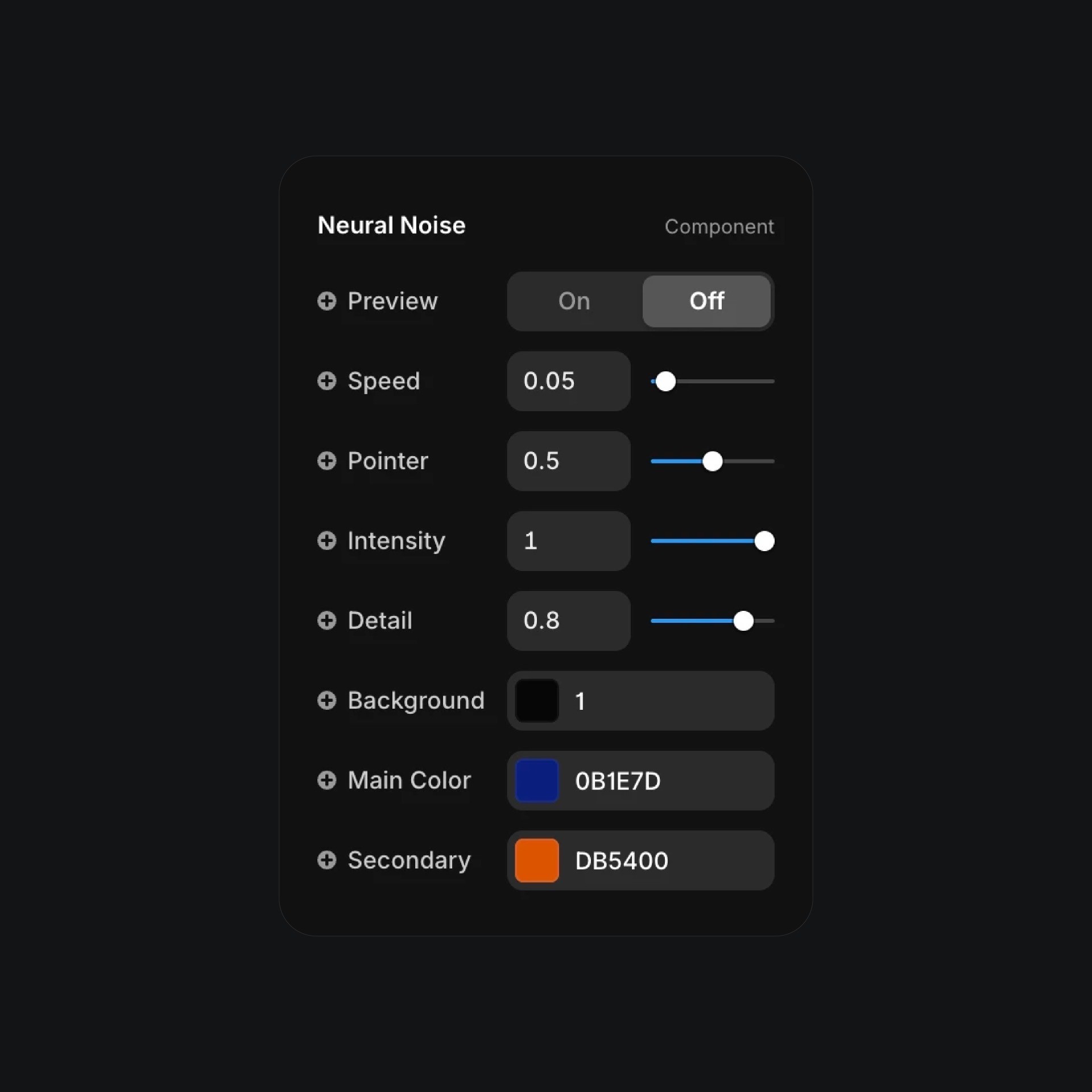 Neural Noise animation settings panel in dark UI design