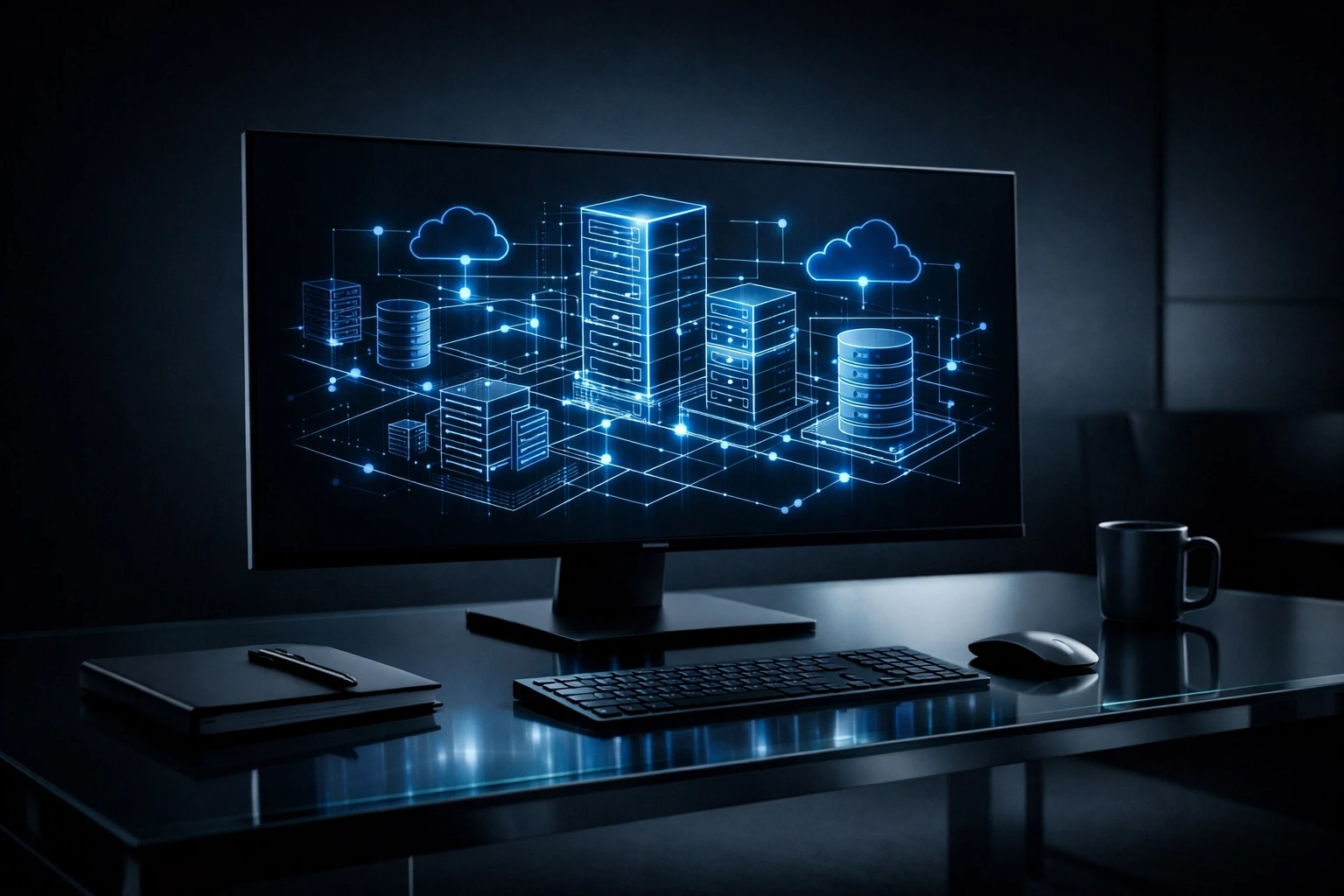 A monitor in a professional office displaying the digital infrastructure used for expert firm authority.