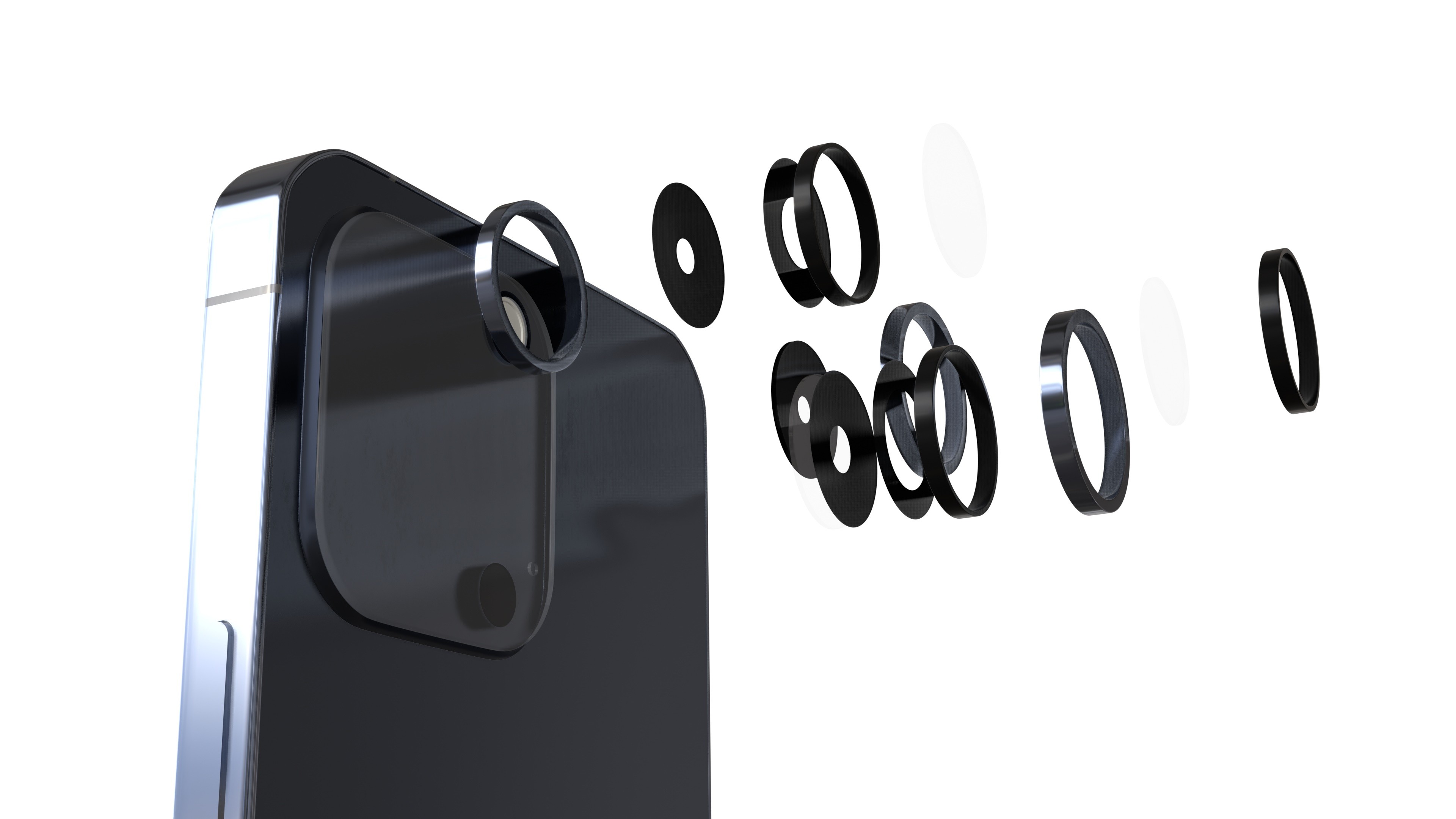 an image of an iphone with the lenses separated with an exploded view render tutorial