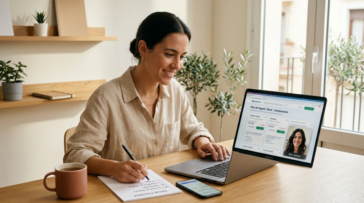 Una mujer sonriente revisa planes de seguro médico en su portátil, tomando notas en un checklist.