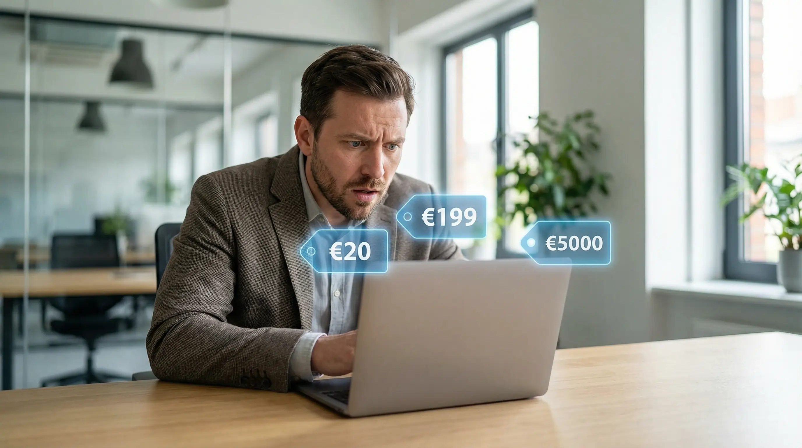 Ondernemer kijkt verbaasd naar laptop met zwevende prijskaartjes van €20, €199 en €5000 voor AI-klantenservice.