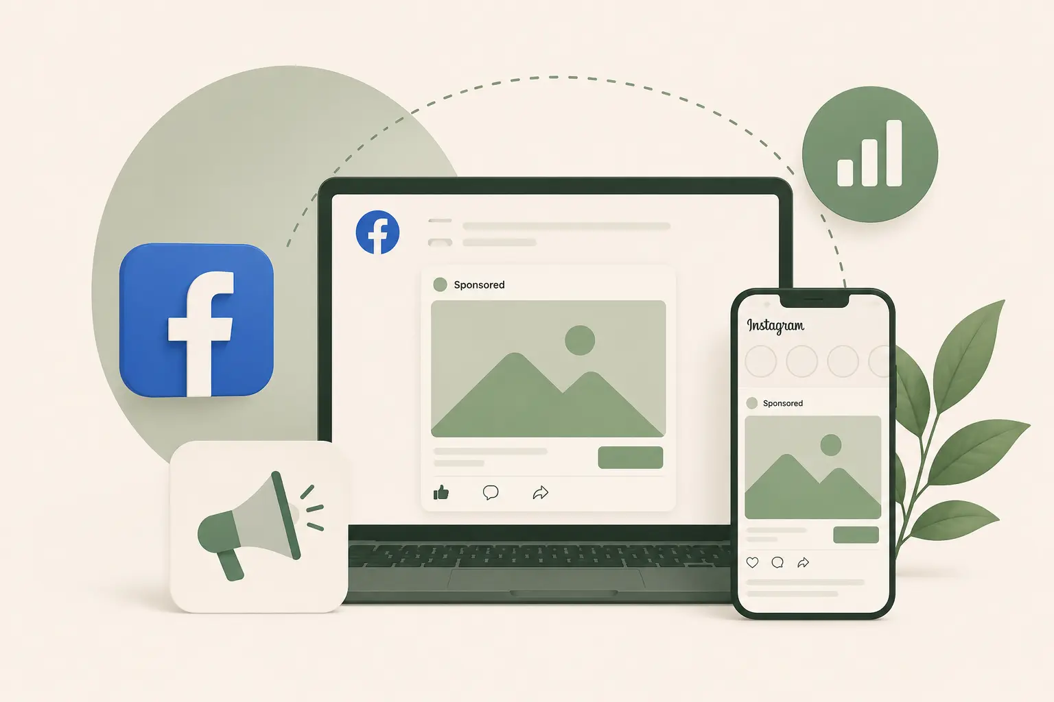 Illustration af Facebook annoncering med annoncer på Facebook og Instagram vist på computer og mobil.
