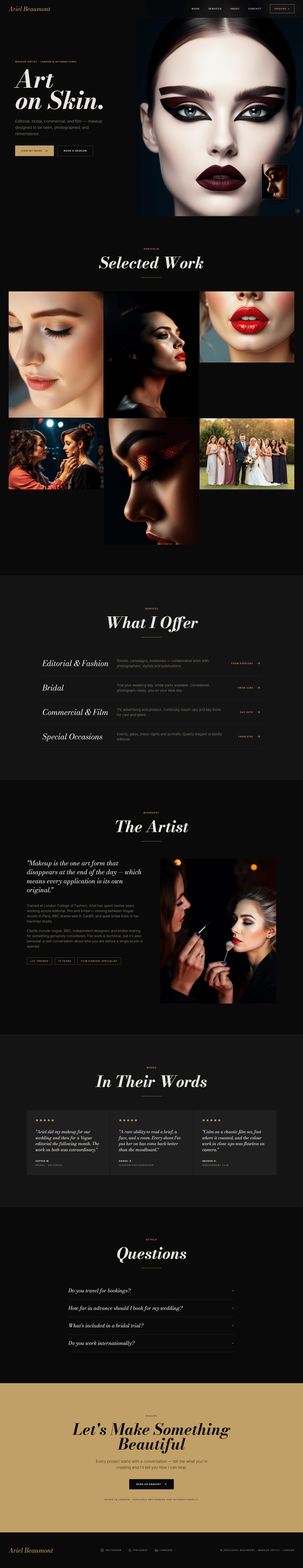 Makeup artist website prompt full preview — near-black #0a0a0a background with warm gold #c9a55a accent and warm pearl text, Bodoni Moda 700 italic editorial hero headline with directional gradient over right-side full-bleed beauty portrait, floating 120x160px portfolio crop at bottom-right animated from scale 0.8, six-image masonry portfolio grid with dark work-type hover label overlays, and four hover-raise service rows with gold right-aligned pricing