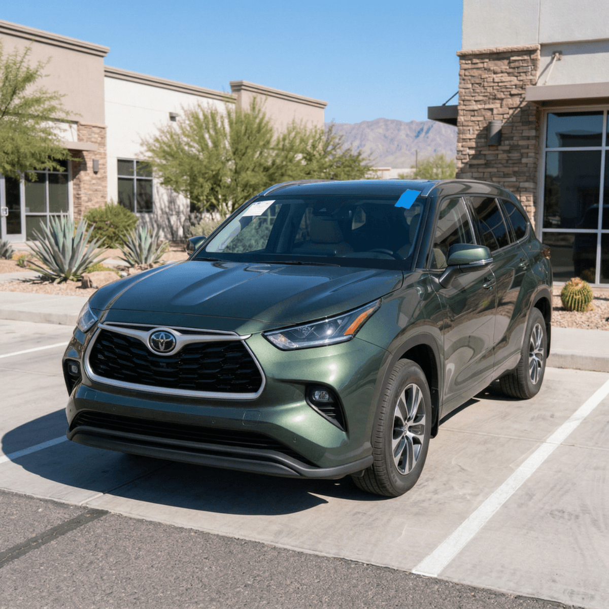 Olive green Toyota RAV4 sitting in a Kingman parking lot after a trouble-free windshield swap by Bang AutoGlass