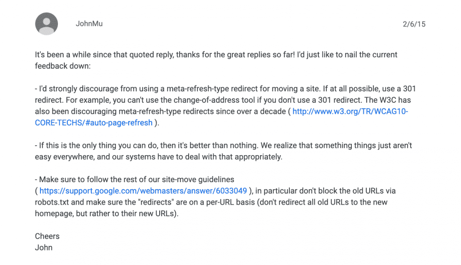 JohnMu on HTML redirects
