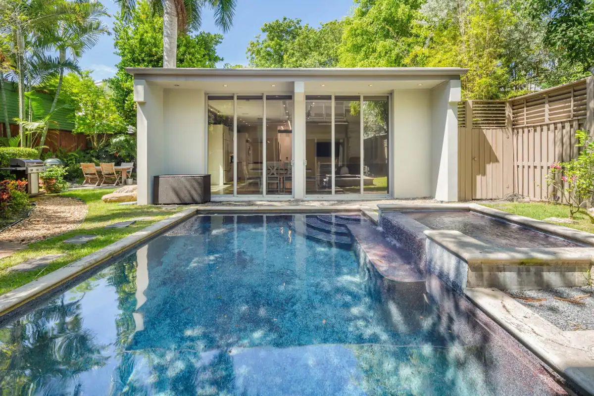 poolside lounge area at Contra House—perfect for relaxing in a Key West vacation rental designed for comfort