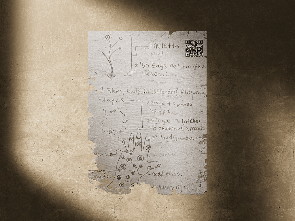 faded sketched illustration describing the effects of a fictional plant named thyletta on skin. it describes eye-like warts appearing and coating the skin overtime 