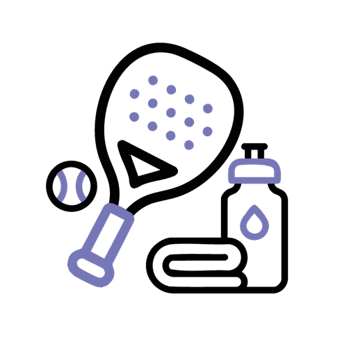 Icon mit Padel-Schläger, Ball, Trinkflasche und Handtuch – Symbol für Ausrüstung und Vorbereitung beim Spiel.