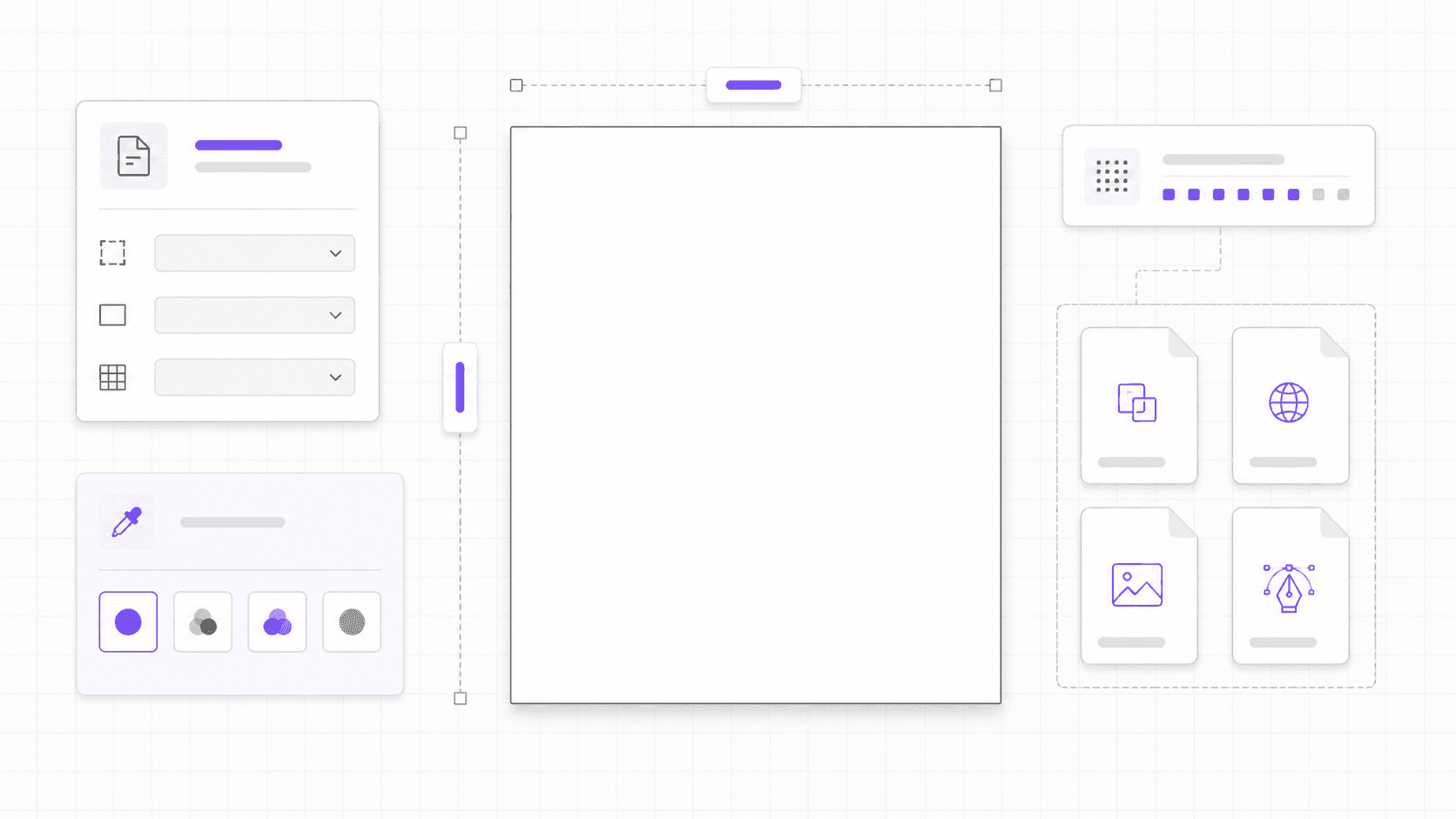 Abstract Photoshop file setup interface with a central blank artboard, dimension guides, color mode controls, resolution indicators, and export format cards.