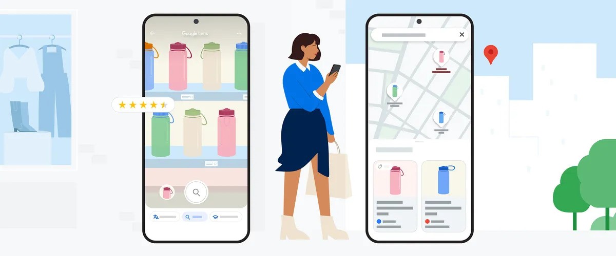  shopper uses Google Lens to scan water bottles on a store shelf, displaying product reviews, prices, and store inventory on a smartphone screen.