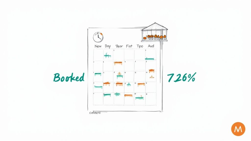 An illustrated calendar showing daily bookings of various furniture items and a 7.26% occupancy rate.
