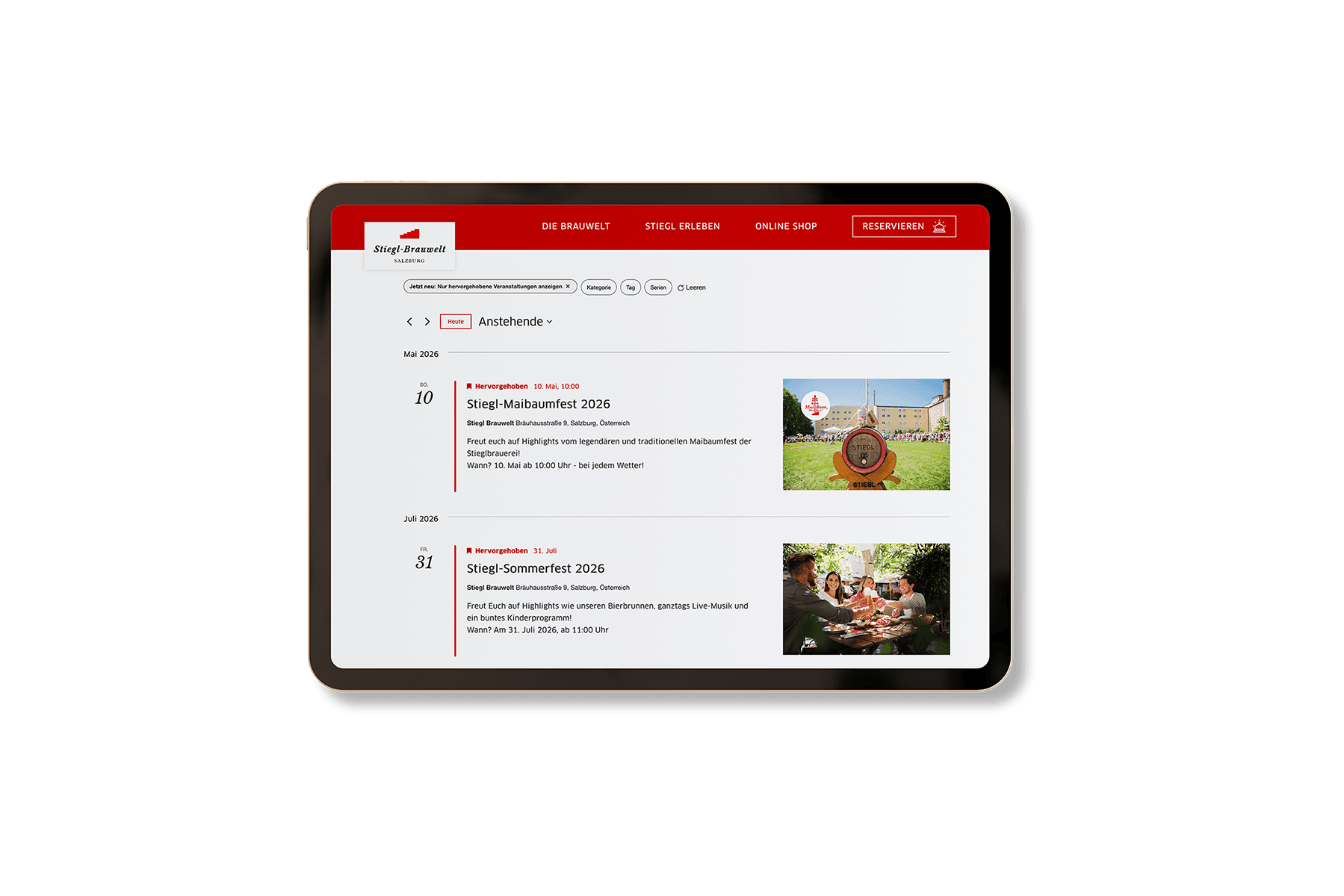 Übersicht geplanter Veranstaltungen auf der Stiegl Brauwelt Website mit strukturierten Eventinformationen, Terminlogik und intelligenten Filtern.