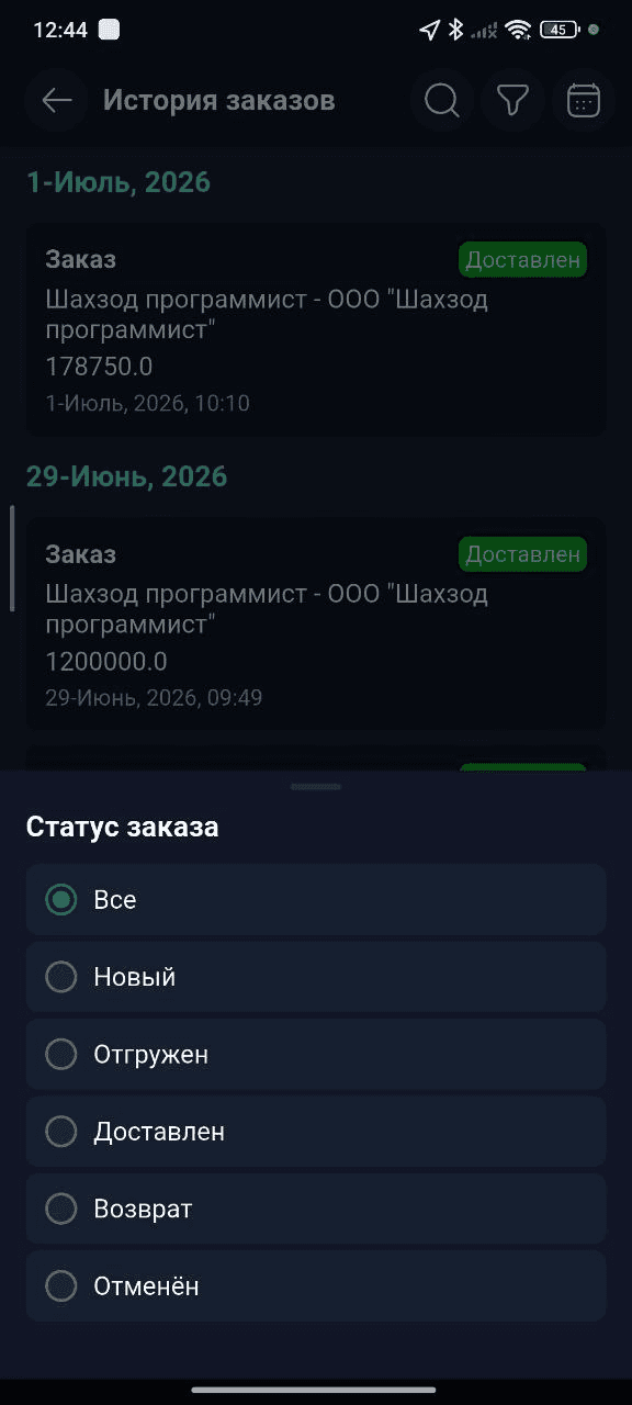Buyurtmalar tarixini status bo‘yicha filtrlash