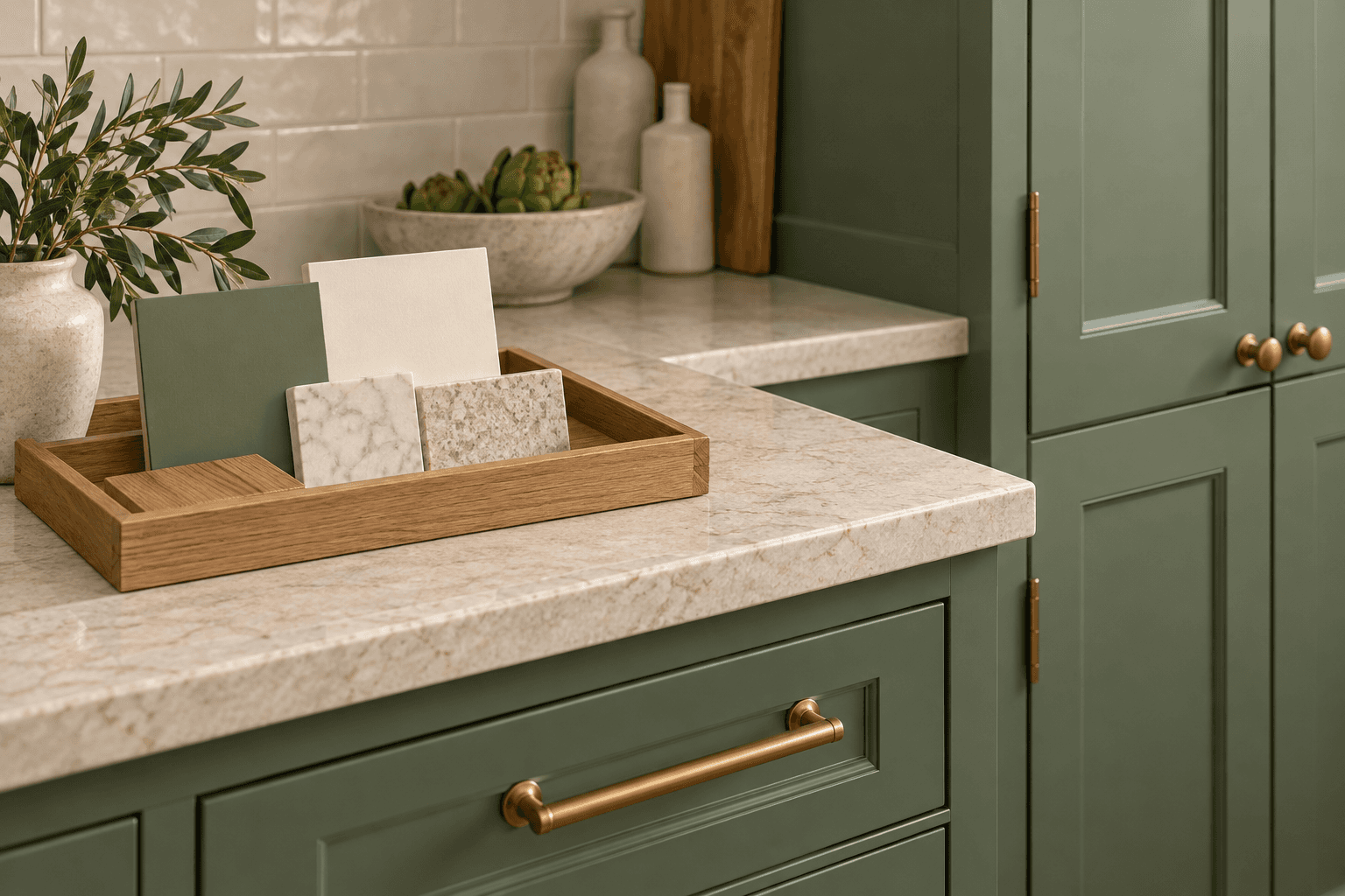 AI concept of a sample tray beside green kitchen cabinetry, with light countertop, wood and off-white paint references.
