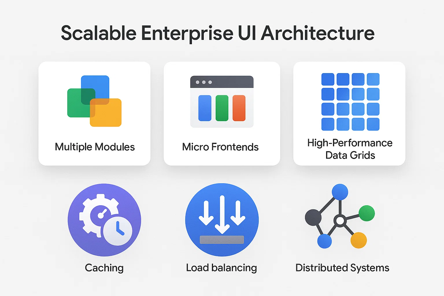 Scalable enterprise UI architecture with modules, micro frontends, data grids, caching, load balancing, and distributed systems illustrated.