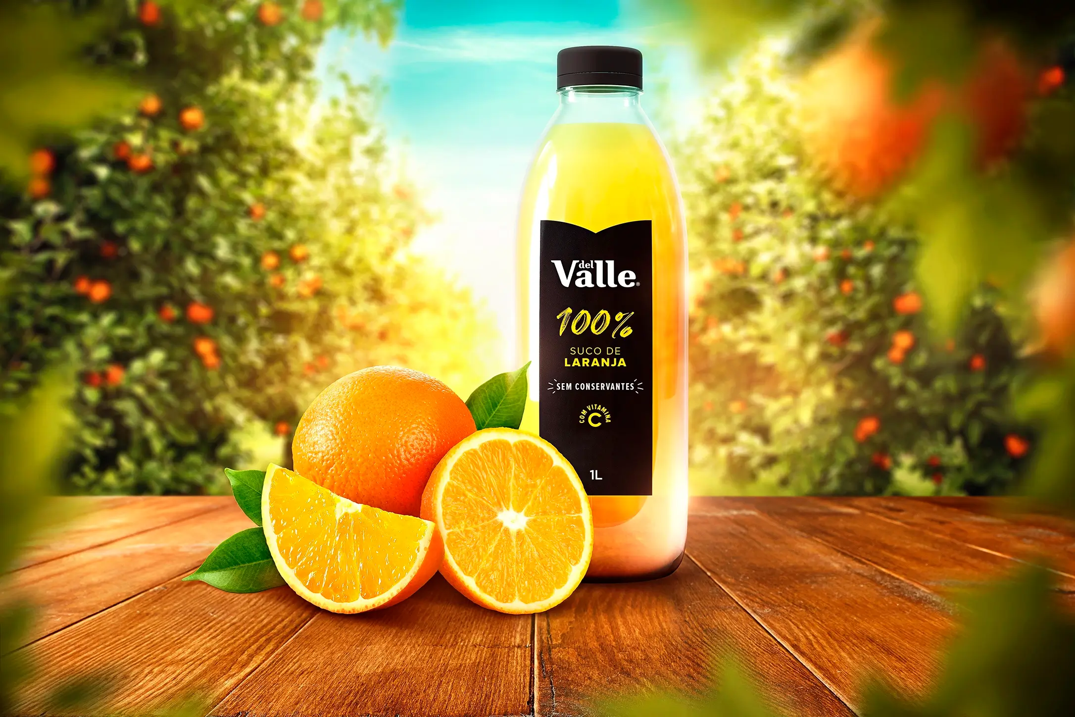 Product visualization for Del Valle 100% Orange Juice showing the bottle in a farm environment with realistic sunlight and professional photo manipulation.