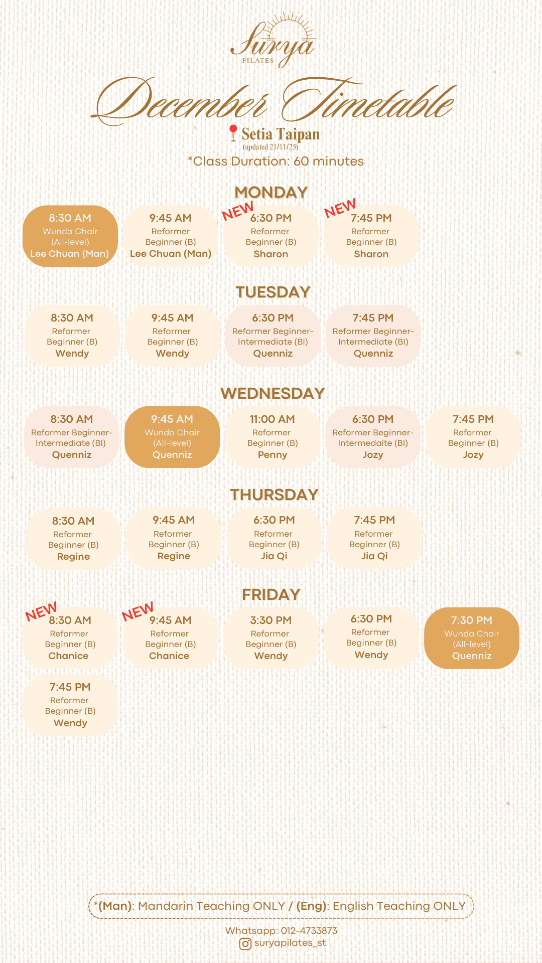 Surya Pilates Setia Taipan Schedule