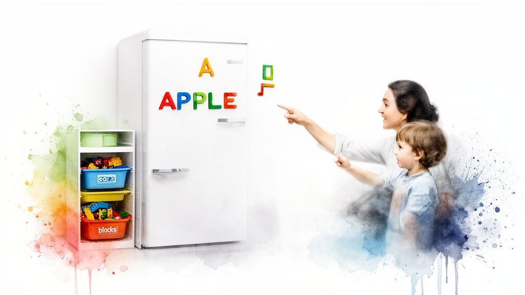 Mother and child learning alphabet letters on a refrigerator with colorful magnetic toys and paint splashes.
