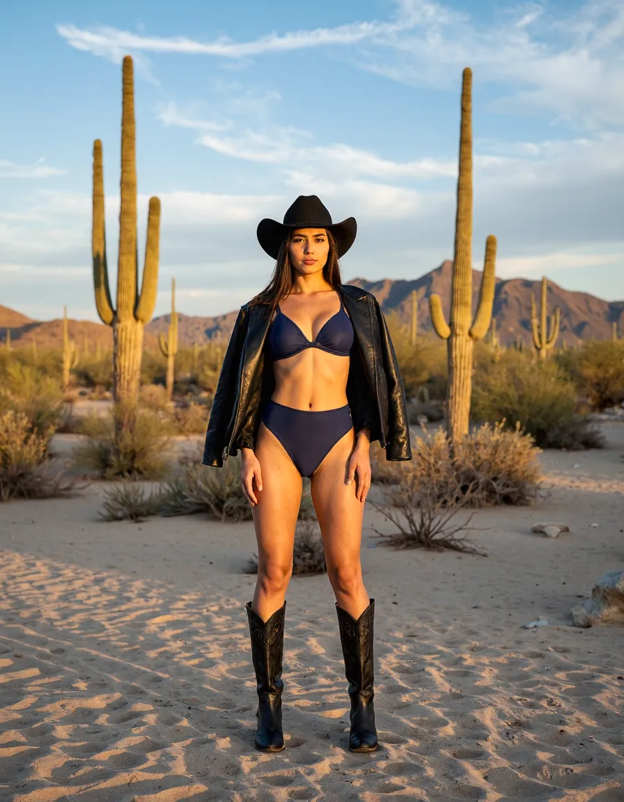 Fashion photography in desert setting with saguaro cacti at golden hour featuring swimwear, leather jacket and cowboy hat and boots