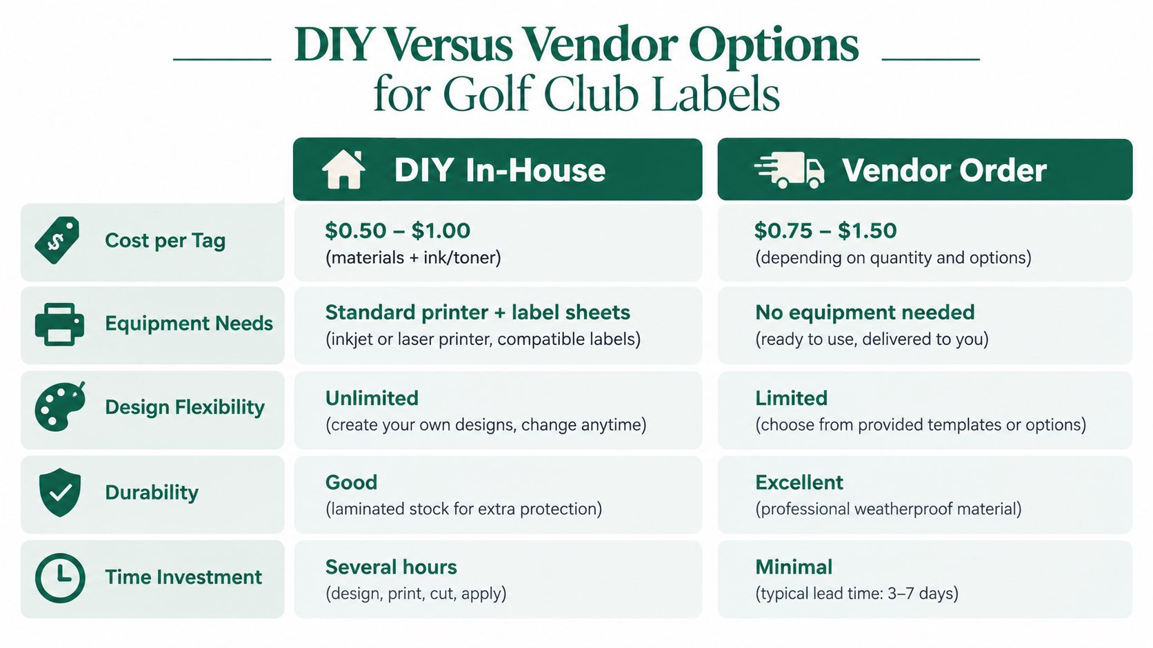A comparison chart outlining the pros and cons of making DIY golf club labels versus vendor orders.