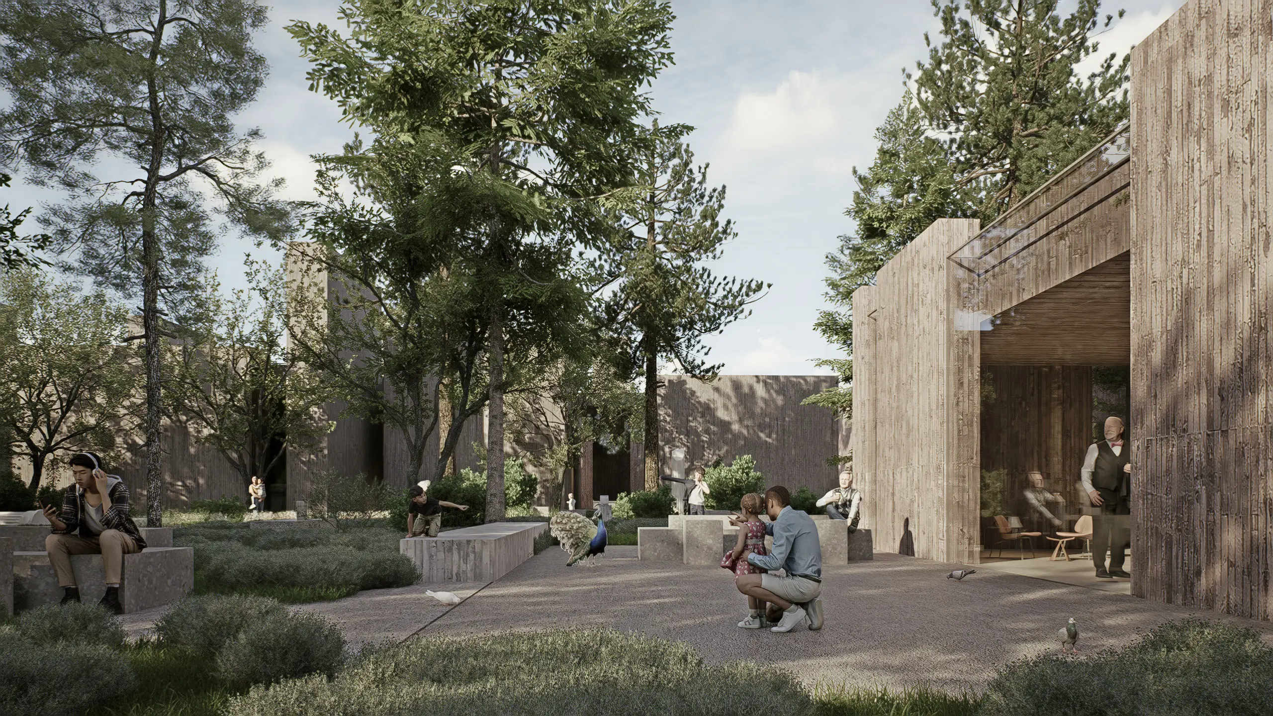 Visitors sitting in a tree-shaded plaza beside a semi-open museum pavilion