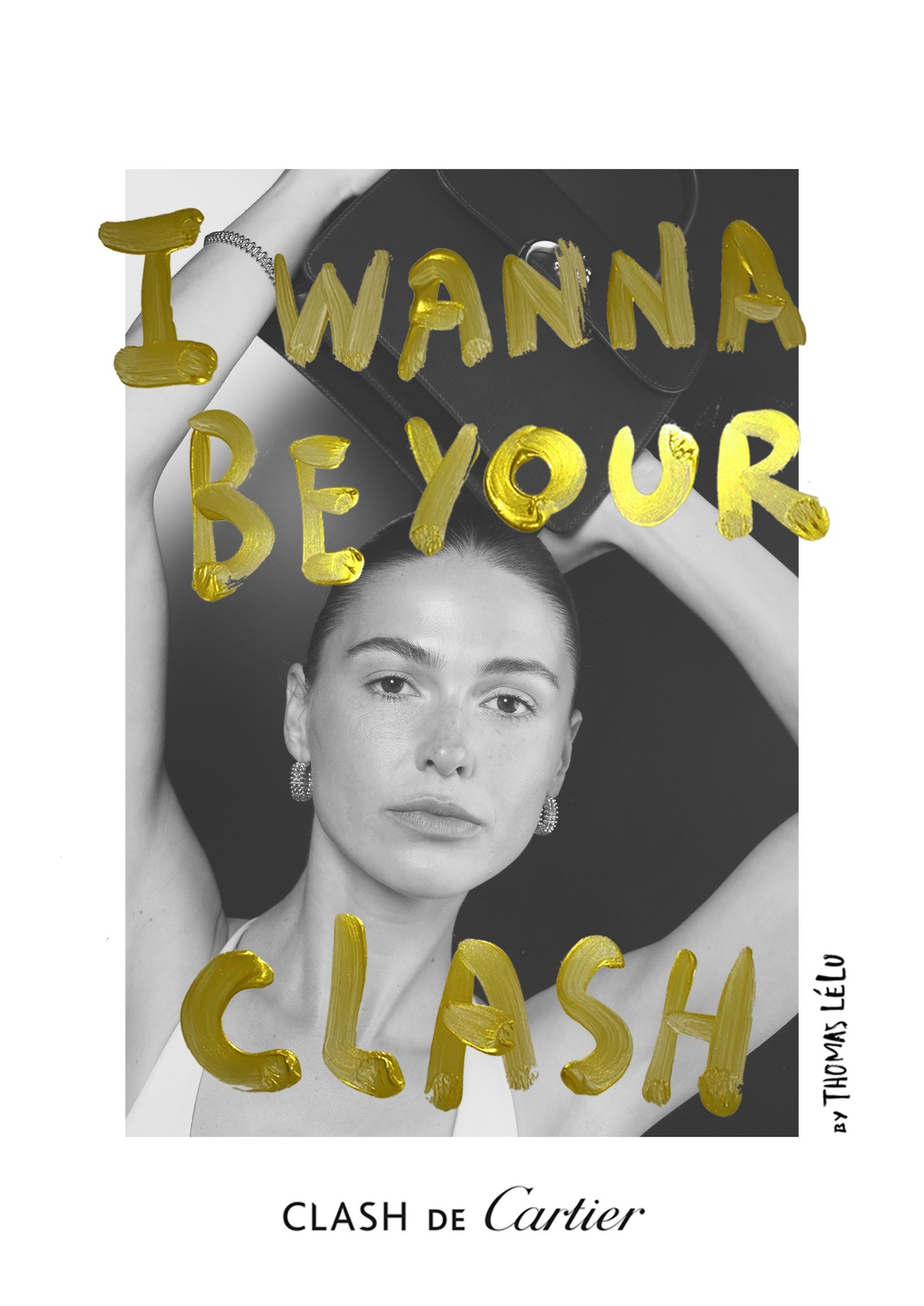 Black-and-white portrait with gold I Wanna Be Your Clash lettering