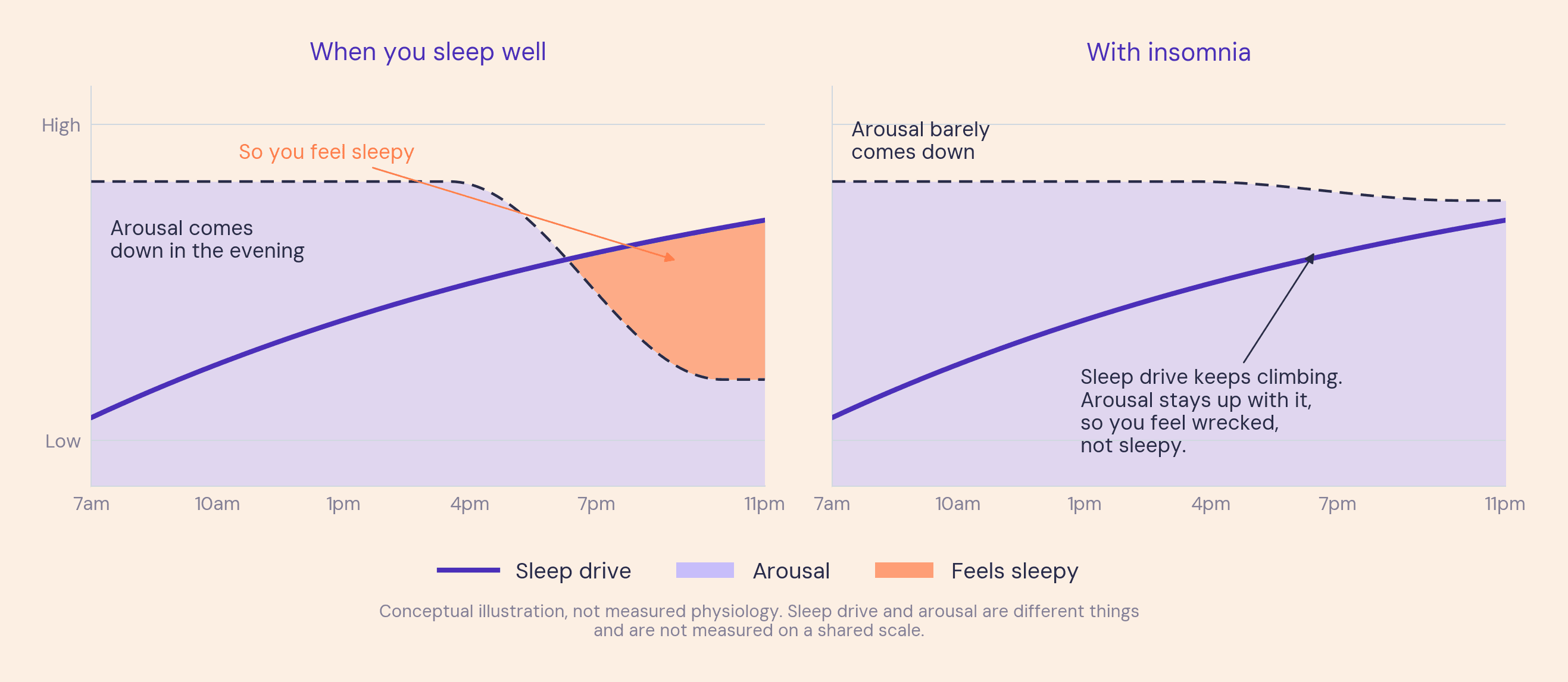 Two-panel conceptual illustration. Sleep drive rises through the day in both panels. For someone who sleeps well, arousal falls in the evening and a window of sleepiness opens; with insomnia arousal barely comes down, so the same rising sleep drive does not turn into sleepiness.