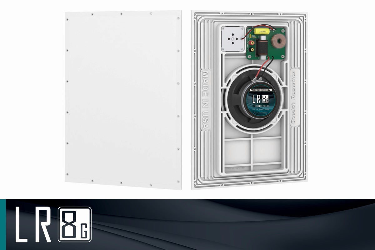 White in-wall speaker, front panel removed showing speaker driver