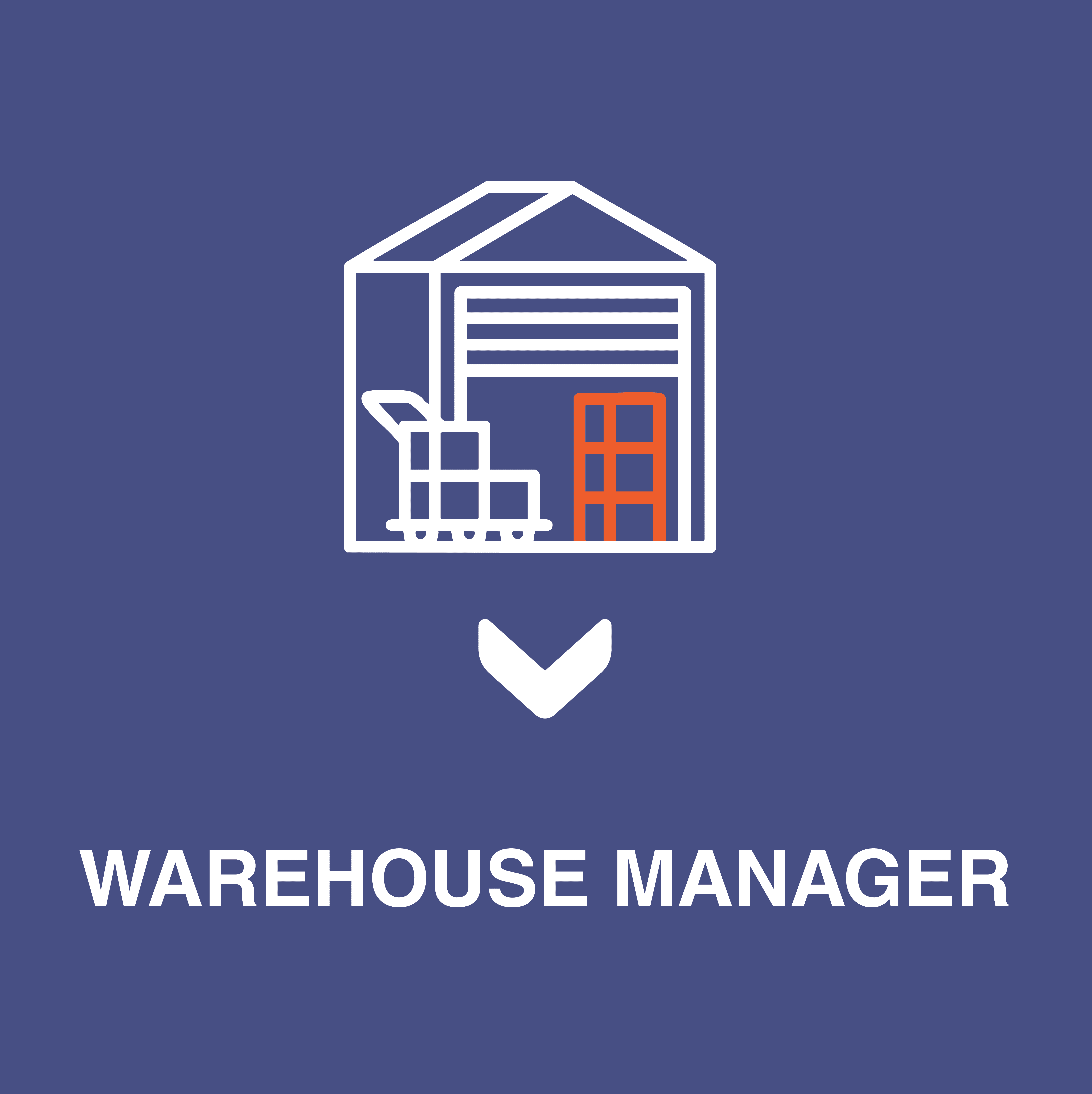 icon of a warehouse exterior in white with pallets outside on a blue background with text that says warehouse manager