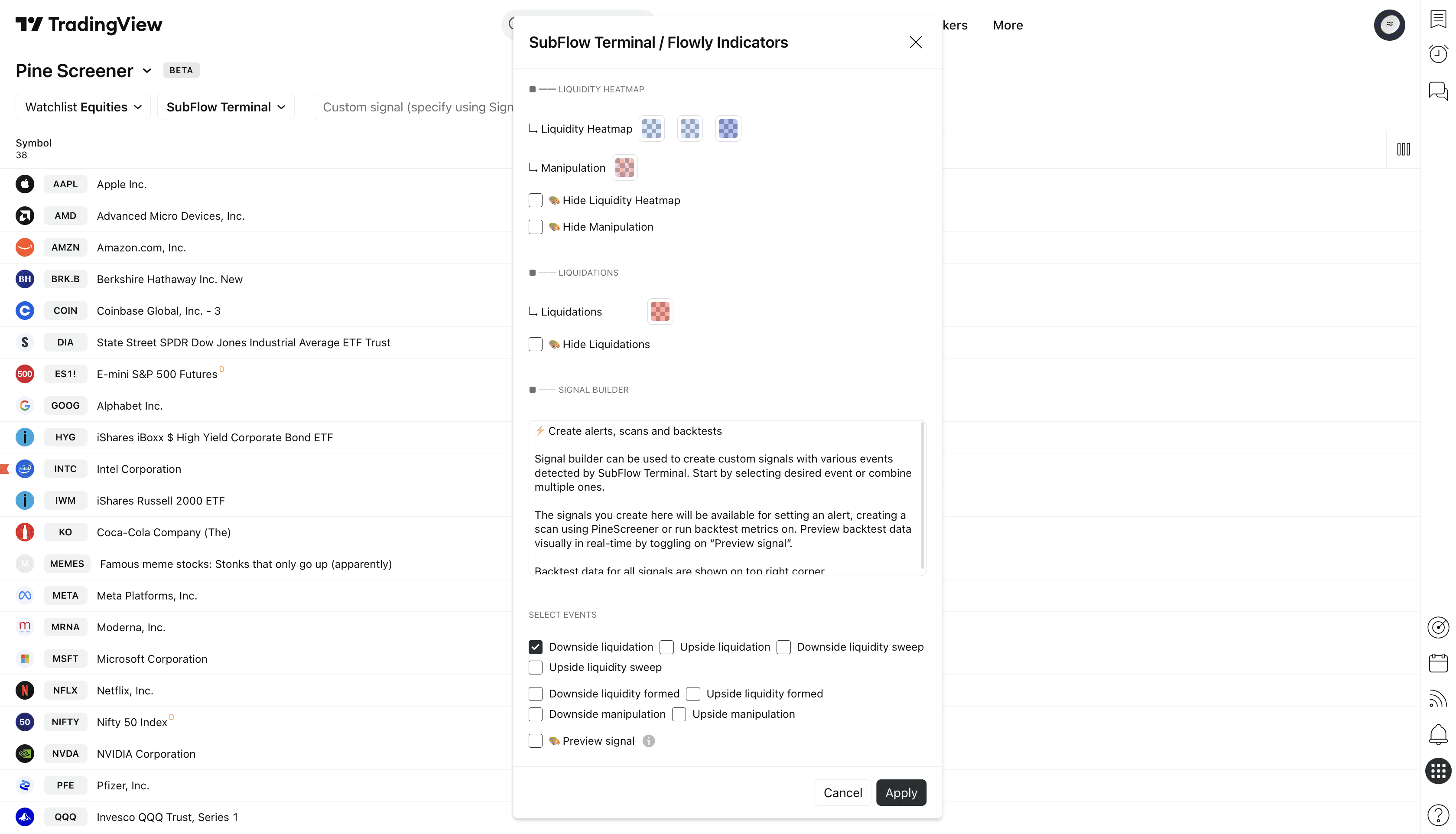 Illustration showing how to build a signal for market scan using SubFlow Terminal with PineScreener.
