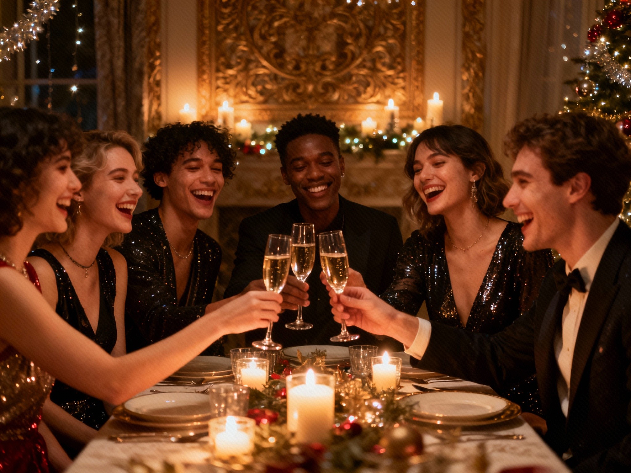 An intimate indoor scene featuring a diverse group of friends in chic New Year's Eve outfits