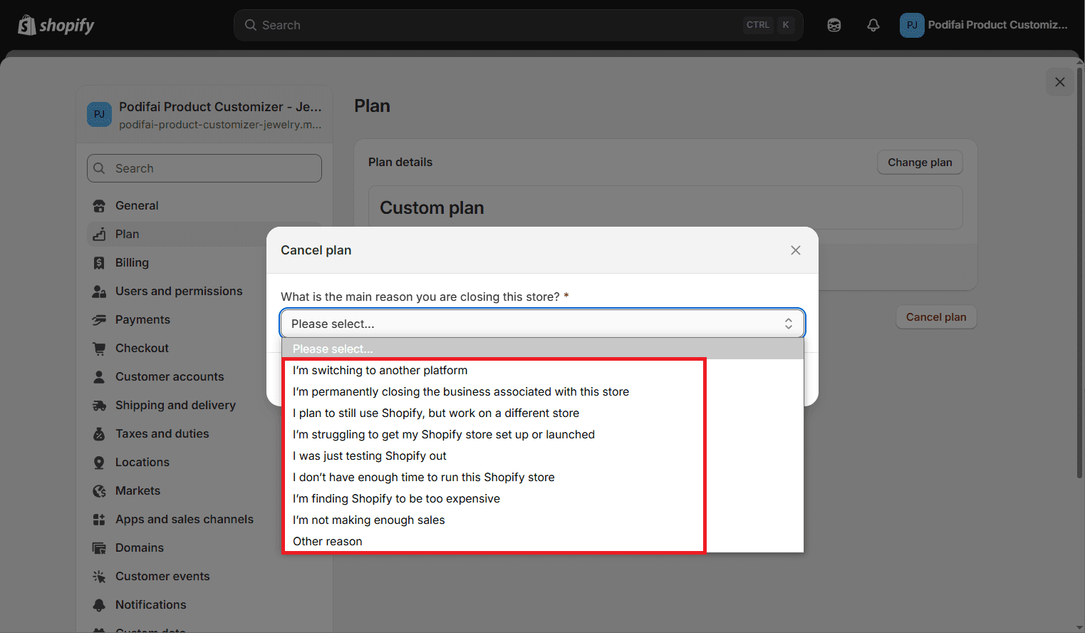 Select cancellation reason