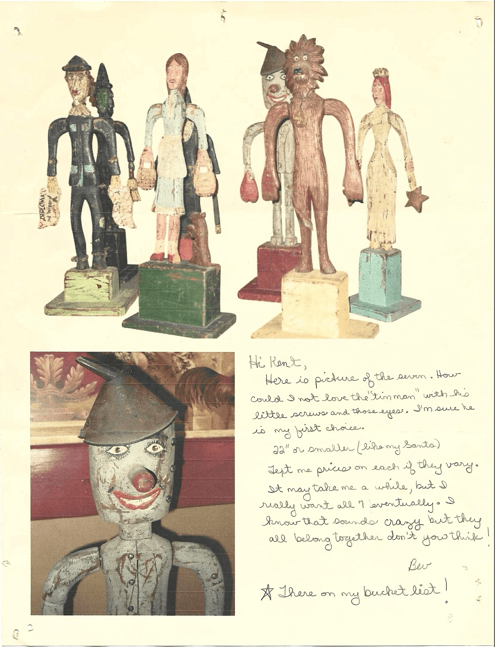 Handwritten letter to Kent Gutzmer with photos of folk art sculptures.
