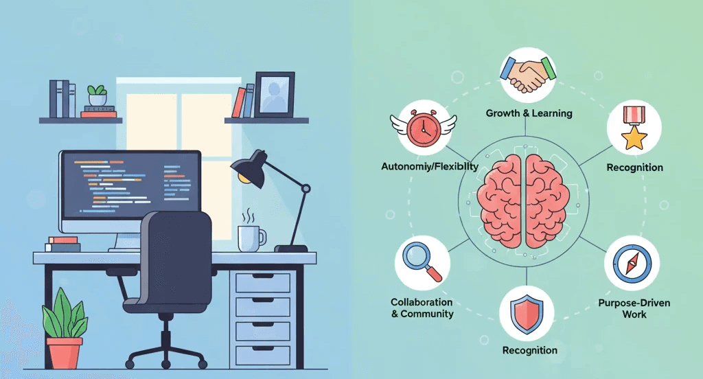 Remote developer workspace and motivation factors illustration.