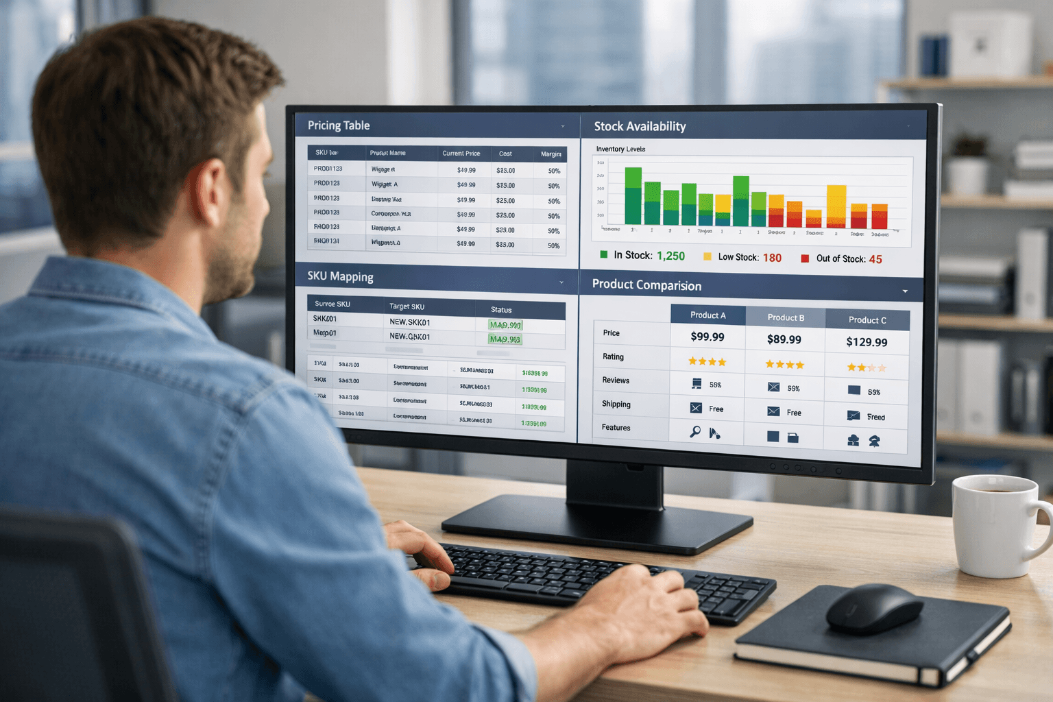 Analyst reviewing ecommerce pricing and stock data on a product monitoring dashboard.