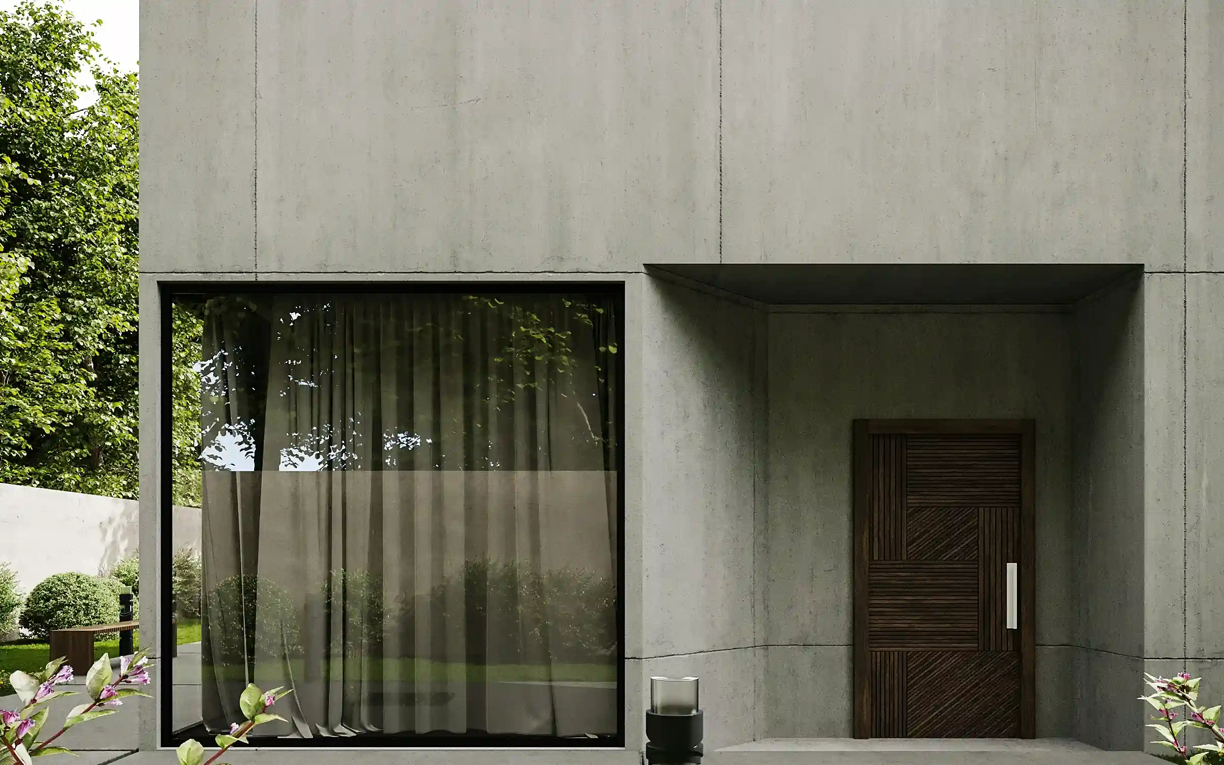 Modern interior entrance with floor-to-ceiling glass walls and warm timber cladding overlooking landscape