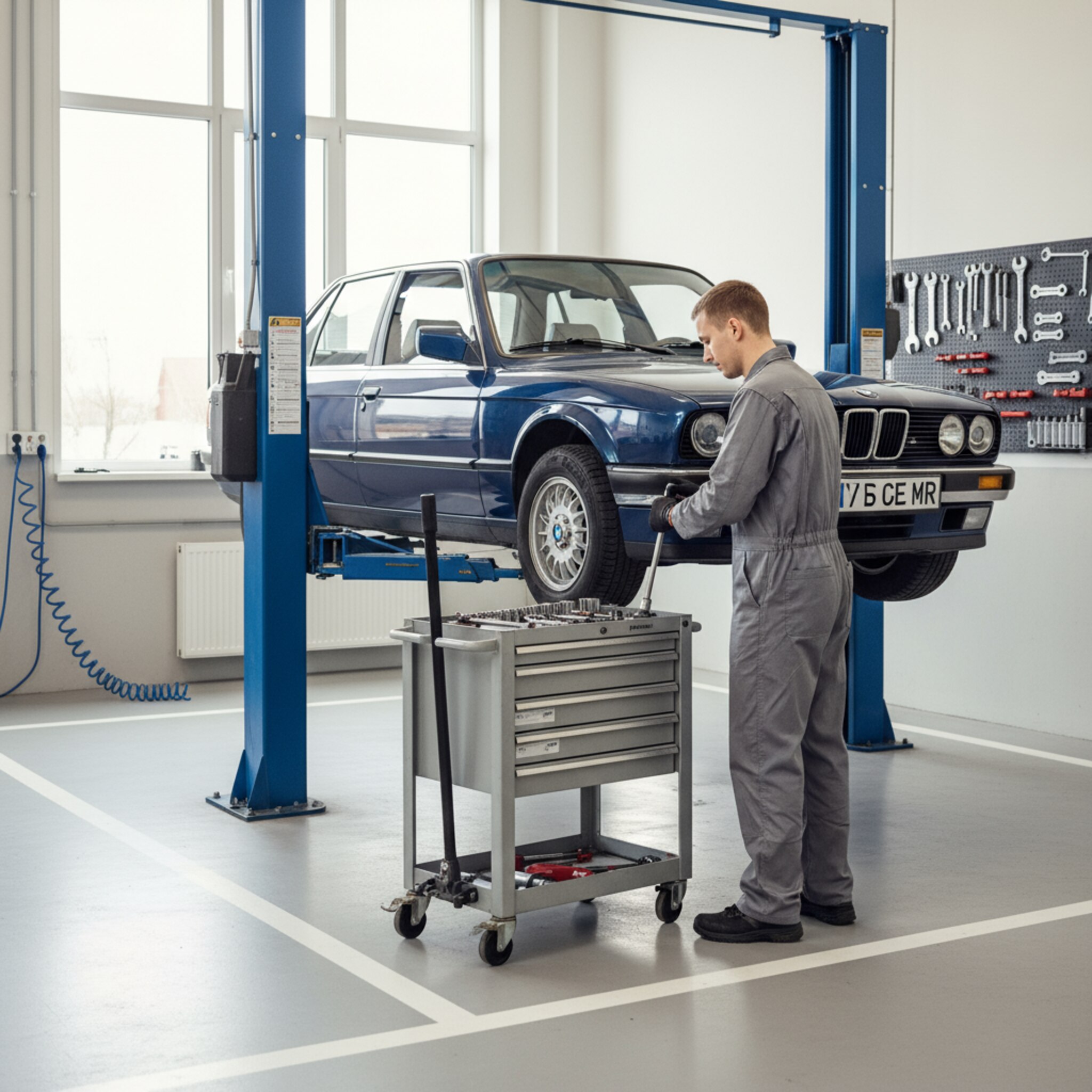 In einer hellen Mietwerkstatt steht ein älterer 3er BMW auf einer blauen Hebebühne, das Tageslicht fällt durch hohe Fenster. Eine Person im grauen Overall zieht konzentriert mit einem Drehmomentschlüssel an einer Radschraube. Ordentlich sortierte Wagenheber und Stecknüsse stehen bereit. Markierte Stellplätze und ein sauberer Boden vermitteln Ruhe.