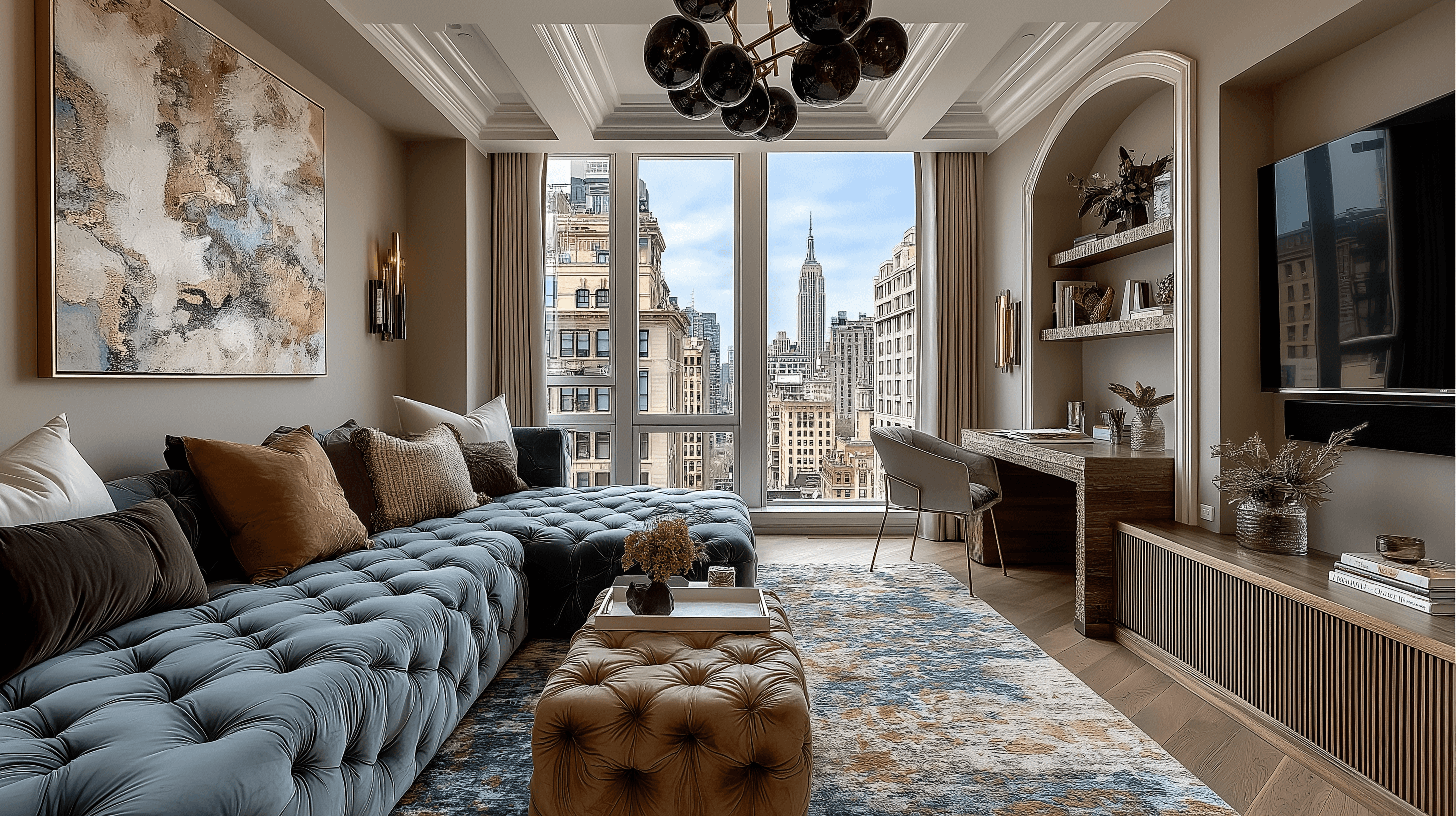 Sophisticated living space with a large blue tufted sectional sofa, a built-in desk area with arched shelving, and a large window framing the Empire State Building.