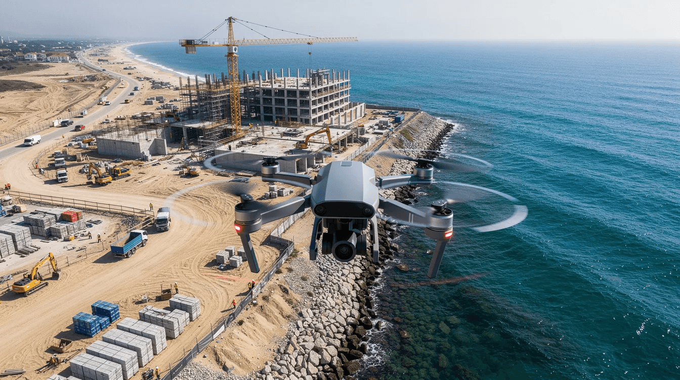 A drone hovers above a coastal construction area, capturing aerial views of the site where various building structures are being developed. This image highlights the intersection of civil engineering and land surveying, showcasing the importance of precise measurements and planning in modern construction projects.