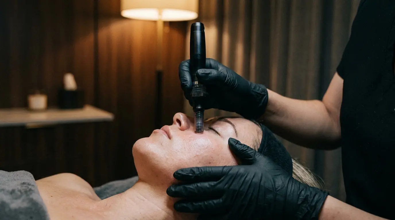 Microneedling device used for acne scar treatment at a Vancouver medical aesthetics clinic